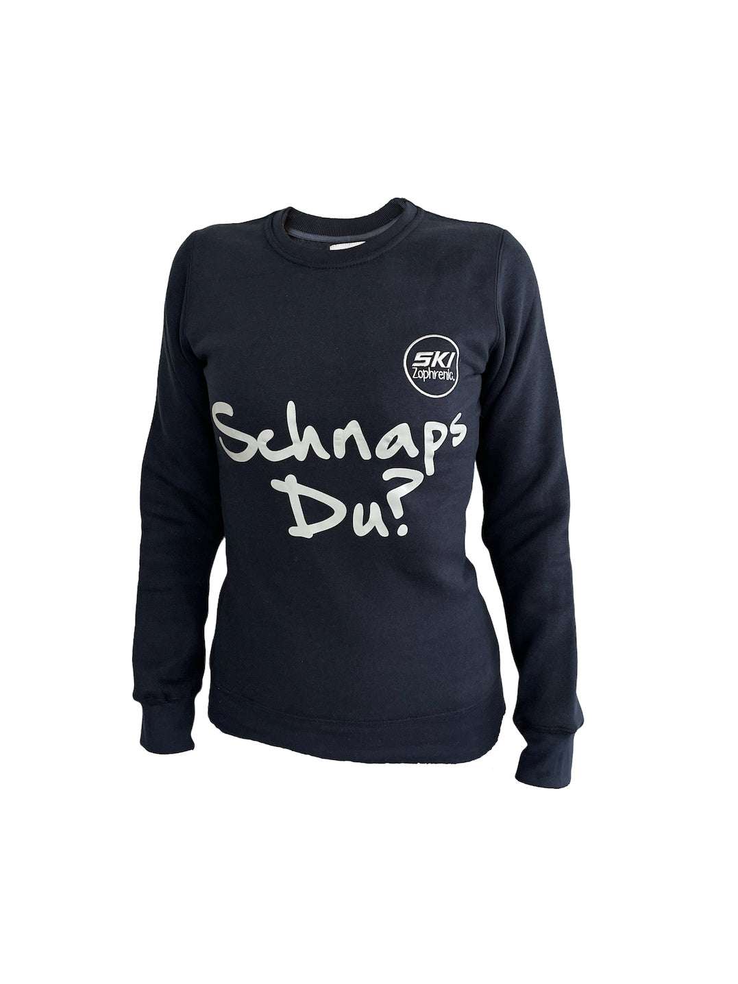voorbeeld van donkerblauwe trui met tekst "schnaps du?"